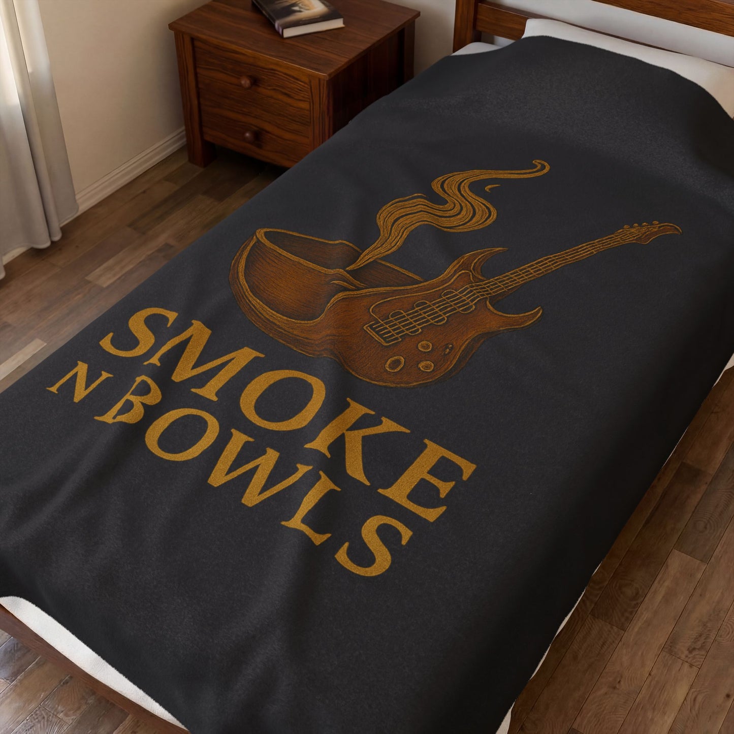Velveteen Plush Blanket — "Smoke N Bowls" Guitar & Bowl Graphic Cozy Throw