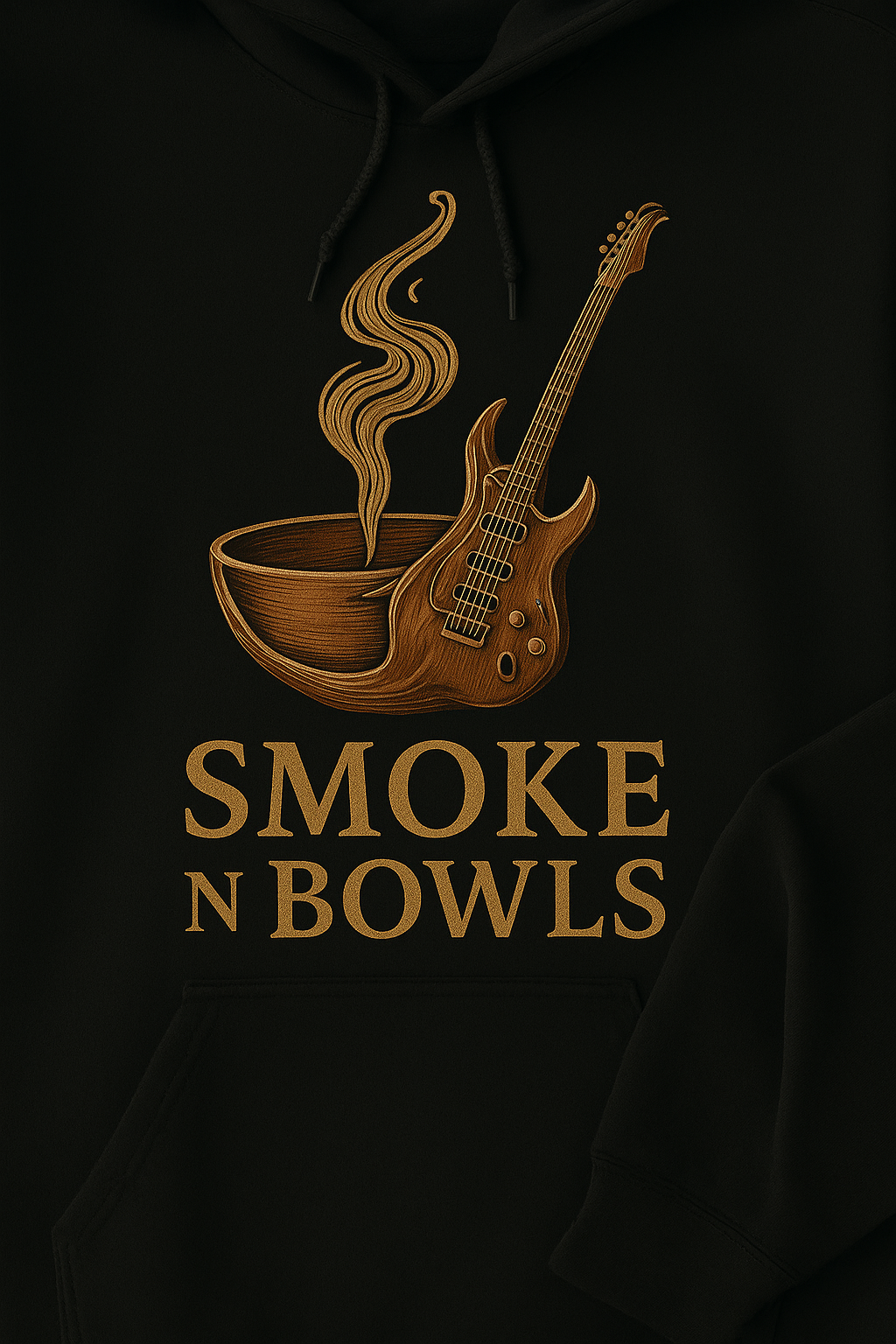 Black hoodie with a graphic of a guitar and bowl, and 'Smoke N Bowls' text on a dark background.