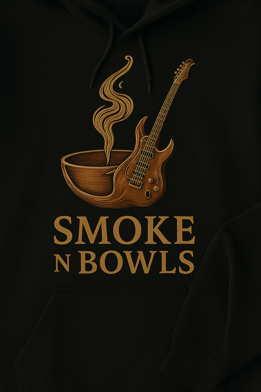 Black hoodie with a graphic of a guitar and bowl, and 'Smoke N Bowls' text on a dark background.